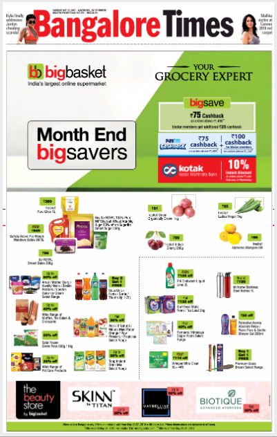 TOI Bangalore Front page ad for ecommerce brand Big Basket