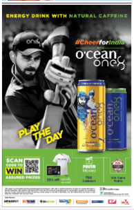 Front page advertisement in Bombay Times for Ocean One8 Energy Drink