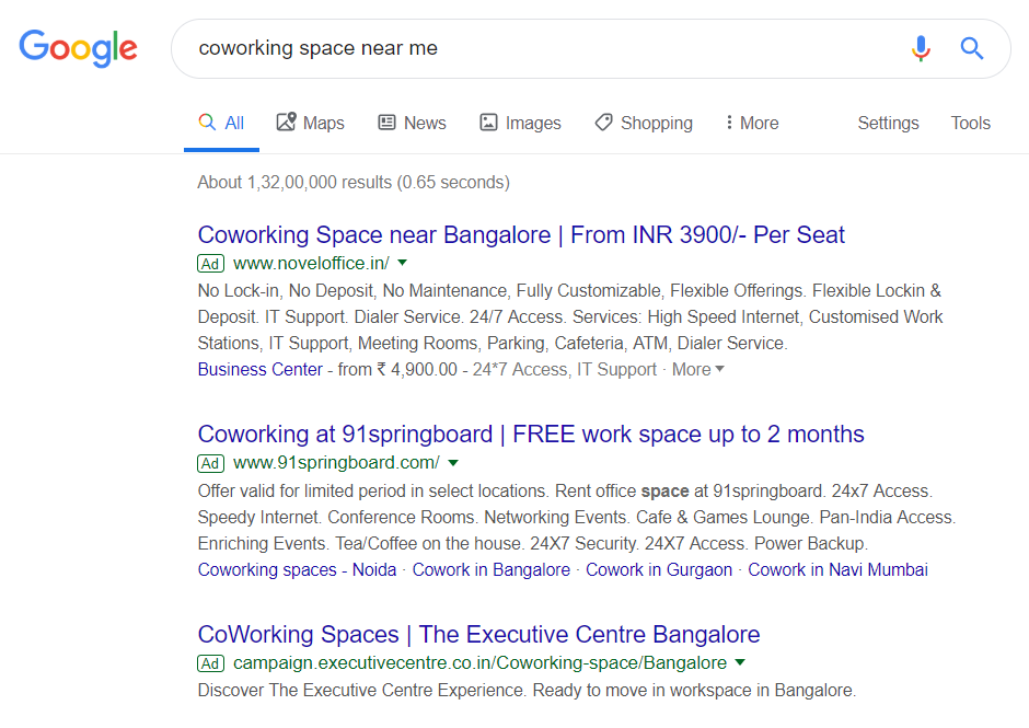 Google Search Advertising for coworking spaces