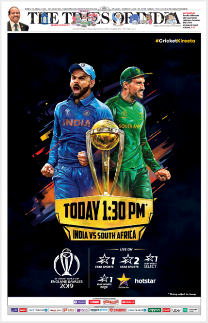 TOI Bangalore full page ad for ICC World Cup 2019 