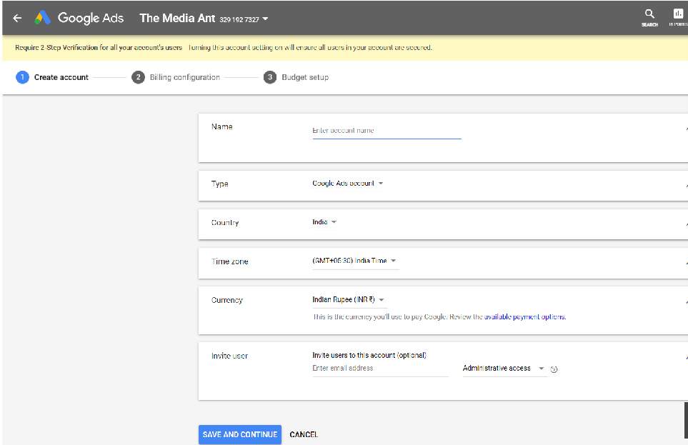 Create a new Google Ad Account